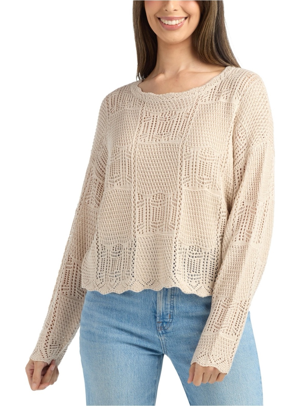 Macys bcx Open-Knit Crewneck Sweater in Light Beige summer cover up medium new - Picture 1 of 4